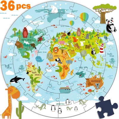 Wooden Round World Map Jigsaw Puzzle